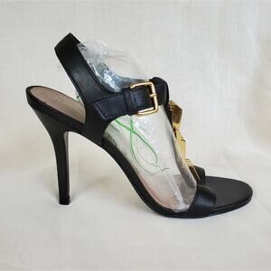 TRINA TURK Loyola black high heel sandal with gold accents Sz.7.5